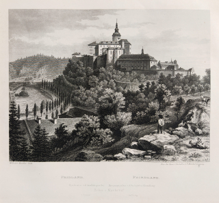 Frýdlant – Zámek a hrad Frýdlant, Adolf Fesca, původní oceloryt, 1860