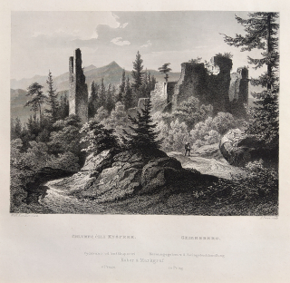Kyšperk, Supí hora – Zřícenina hradu nad Unčínem, Adolf Fesca, původní oceloryt, 1860