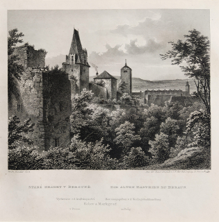 Beroun – Staré hradby v Berouně, Adolf Fesca, původní oceloryt, 1860