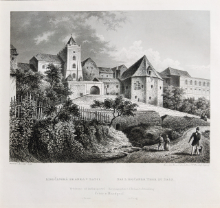 Žatec – Libočanská branka v Žatci, Adolf Fesca, původní oceloryt, 1860