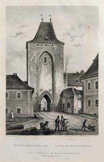 Beroun – Pražská brána v Berouně, Adolf Fesca, původní oceloryt, 1860