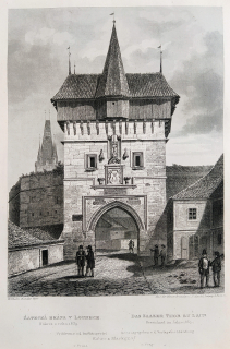 Louny – Žatecká brána v Lounech, Adolf Fesca, původní oceloryt, 1860