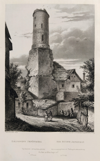 Jenštejn – Zřícenina hradu Jenštejn, Adolf Fesca, původní oceloryt, 1860