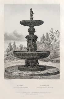 Praha – Zpívající fontána u Královského letohrádku, Adolf Fesca, původní oceloryt, 1860