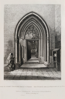 Praha – Staronová synagoga v Praze, Georg Heisinger, původní oceloryt, 1860