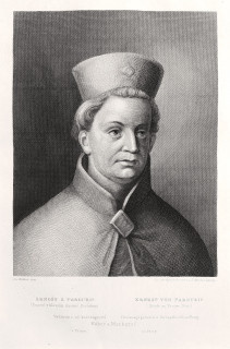 Praha – Arnošt z Pardubic, Chrám sv. Víta, J. V. Hellich, původní oceloryt, 1860