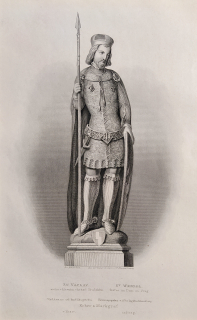 Svatý Václav – Socha sv. Václava v kapli sv. Václava v katedrále sv. Víta, J. V. Hellich, původní oceloryt, 1860
