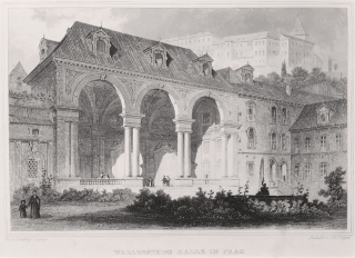 Praha – Valdštejnský palác, Johann G. F. Poppel, původní oceloryt, ca 1830