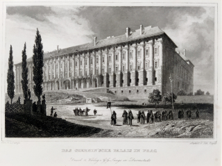 Praha – Černínský palác, Johann G. F. Poppel, původní oceloryt, ca 1830