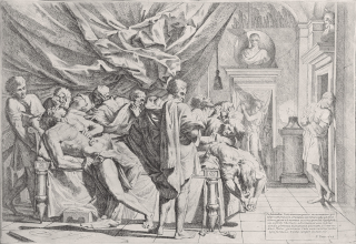 Testa Pietro – Sebevražda římského filozofa Catona Utického, původní lept, 1648
