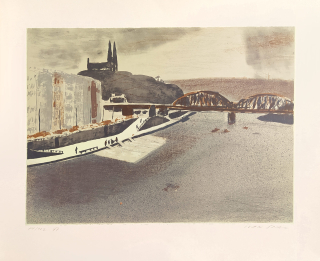 Špirk Ivan – Praha, Vyšehradský železniční most, barevná litografie, 1977