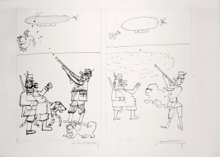 Načeradský Jiří – Vzducholoď, Ilustrace pro časopis, signovaná kresba tuší, 70. léta 20. století