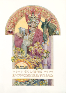 Mucha Alfons – Ex libris Arch. Dr. Jaroslav Polívka, barevná zinkografie, nedatováno