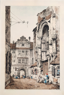 Praha, Týnský chrám – Samuel Prout, staře kolorovaná původní litografie, 1833