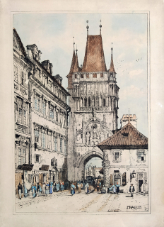 Praha, Staroměstská mostecká věž – Prout Samuel, staře kolorovaná původní litografie, 1833