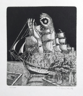 Pileček Jindřich – Ex libris F. R., původní lept, č. 45/100, 1989