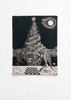 Pileček Jindřich – Babylonská věž, původní lept s barevným podtiskem, č. 132/170, 1994