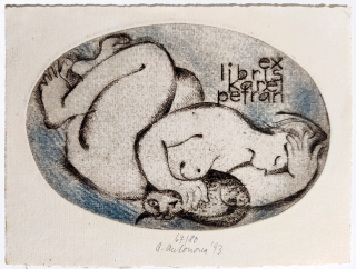Antonová Alena – Ex libris Karel Petrán, lept a suchá jehla, číslováno 67/80, 1993