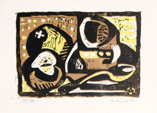 Antonová Alena – Zátiší, barevný linoryt, číslováno 29/100, 1980
