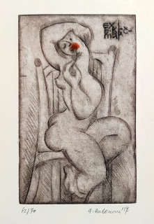 Antonová Alena – Ex libris B. Krčmář, kolorovaná suchá jehla s barevným podtiskem, číslováno 62/70, 2017