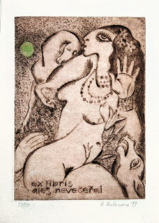 Antonová Alena – Ex libris Aleš Nevečeřal, kolorovaná suchá jehla s barevným podtiskem, č.23/50, 1999