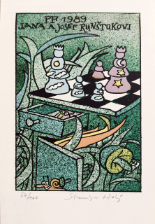 Holý Stanislav – PF 1989 Jana a Josef Runštukovi, barevná litografie s podtiskem, č. 67/100, 1988