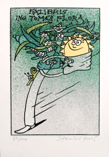 Holý Stanislav – Ex libris Ing. Tomáš Flora, barevná litografie s podtiskem, č. 82/100, nedatováno