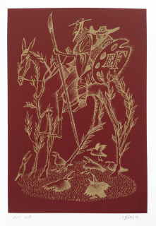 Born Adolf – Don Quijote de la Mancha, Věnovací list E. F. (Emil Filla), barevná serigrafie, autorský tisk