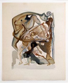 Dalí Salvador – La Divine Comedie, Le Purgatoire, Chant 11, „Au Bord du 7 Bolge“, barevný dřevoryt, 1959–1963