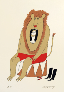 Born Adolf – Nápis na hrob krotitele, Humoresky, signovaná barevná serigrafie, autorský tisk, 1998