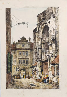 Praha, Týnský chrám – Samuel Prout, staře kolorovaná původní litografie, 1833