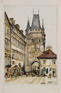 Praha – Staroměstská mostecká věž, Samuel Prout, staře kolorovaná původní litografie, 1833