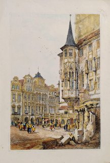 Praha – Staroměstská radnice, Prout Samuel, staře kolorovaná původní litografie, 1833