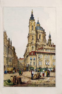 Praha – Kostel svatého Mikuláše na Malé Straně, Samuel Prout, staře kolorovaná původní litografie, 1833
