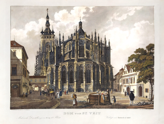 Praha – Katedrála sv. Víta, Josef Schembera, Jiří Döbler, staře kolorovaný lept, 1829