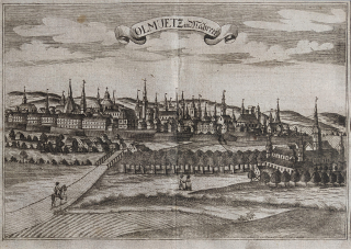 Olomouc – Olmuetz in Mahren, pohled na město, původní mědiryt, ca 1760