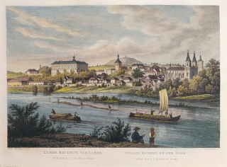 Roudnice nad Labem – Pohled na zámek přes řeku Labe, J. Rybička, kolorovaný oceloryt, ca 1840