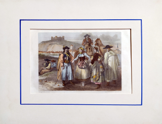 Bratislava – Pohled na město, v popředí návrhy národních krojů, Rouarque, kolorovaný oceloryt, ca 1850