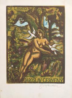 Hodek Josef mladší – Ex libris Jaroslav Červený, barevný dřevoryt, ca 1930