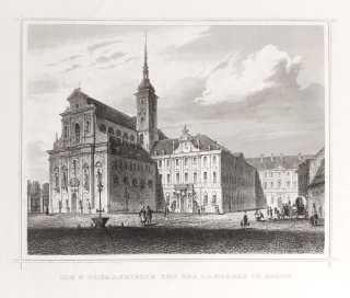 Brno – Kostel svatého Tomáše, C. Würbs, M. Kolb, původní oceloryt, ca 1840
