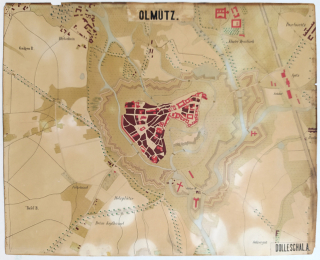 Olomouc a okolí – Antonín Doležal, staře kolorovaná kresba tuší, ca 1870