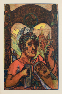 Váchal Josef – Tiskař a múza, původní pětibarevný dřevoryt, 1929