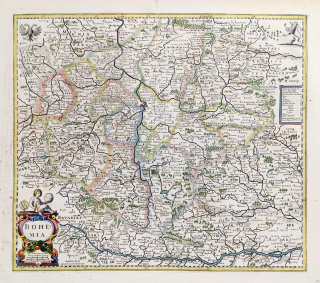  Čechy – Bohemia, Johannes Janssonius, staře kolorovaný původní mědiryt, první vydání, 1639