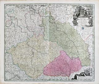  Čechy, Morava, Slezsko a Lužice – Matthäus Seutter, staře kolorovaný původní mědiryt, ca 1740