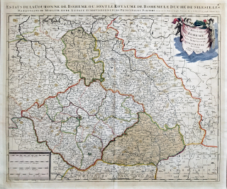  Čechy, Morava, Slezsko a Lužice – Peter Schenk, staře kolorovaný původní mědiryt, ca 1700