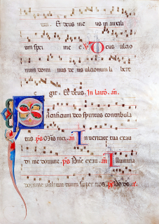Antifonář – Notový záznam z liturgické knihy, oboustranná malba na pergamenu, po 1300
