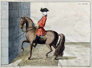 Picart Bernard – Umění jízdy na koni, staře kolorovaný původní mědiryt, 1747