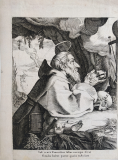 sv. František z Assisi – Francesco Villamena, mědiryt, stranově převráceno, ca 1700