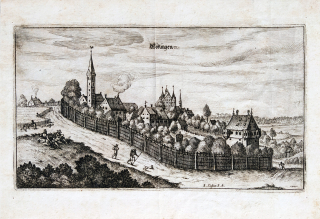 Hrad Radau (Göggingen) – F. Custos, původní mědiryt, 1. pol. 17. století