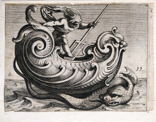 Manýrismus – Alegorické vyobrazení Neptuna, původní mědiryt, ca 1600